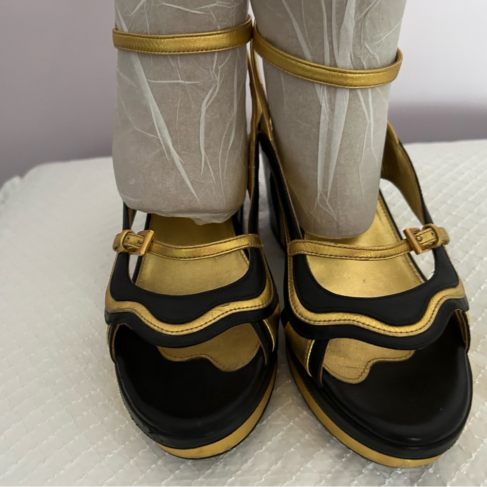 Prada Black and Gold Platform Sandals - Picture 2 of 6